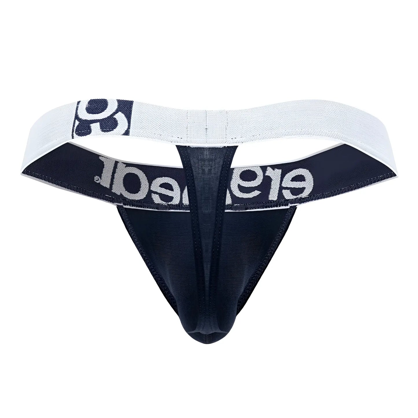 Black and white ergo wear ew1470 max cotton thong with textured fabric and silver elegant lettering on waistband in navy blue
