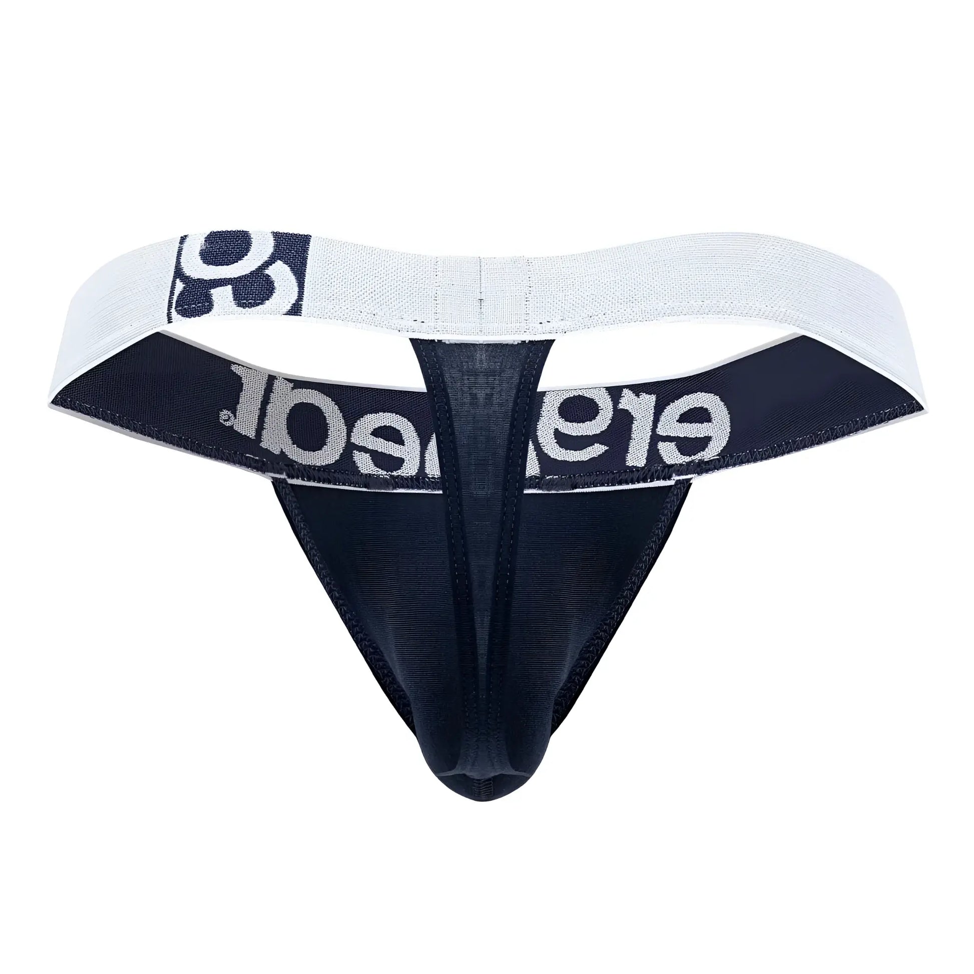 Black and white ergo wear ew1470 max cotton thong with textured fabric and silver elegant lettering on waistband in navy blue