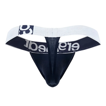 Black and white ergo wear ew1470 max cotton thong with textured fabric and silver elegant lettering on waistband in navy blue