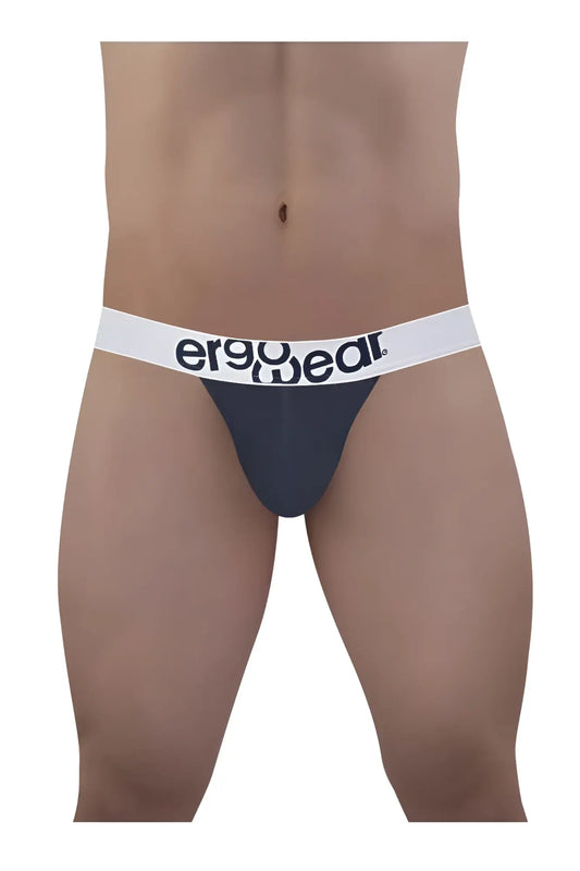 Dark gray ergonomic brief with white ergogear logo waistband made from cotton in ergoWear ew1470 max thongs navy blue