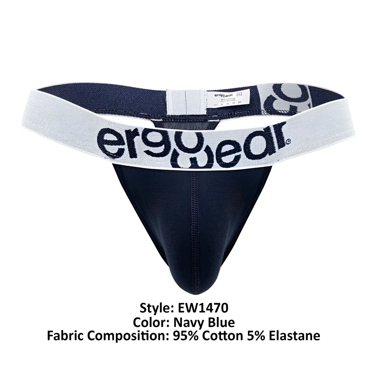 Navy blue ergonomic thong with white elastic waistband featuring ergowear logo made of cotton for comfortable wear