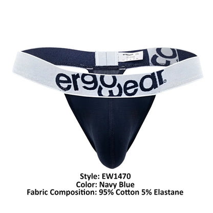 Navy blue ergonomic thong with white elastic waistband featuring ergowear logo made of cotton for comfortable wear