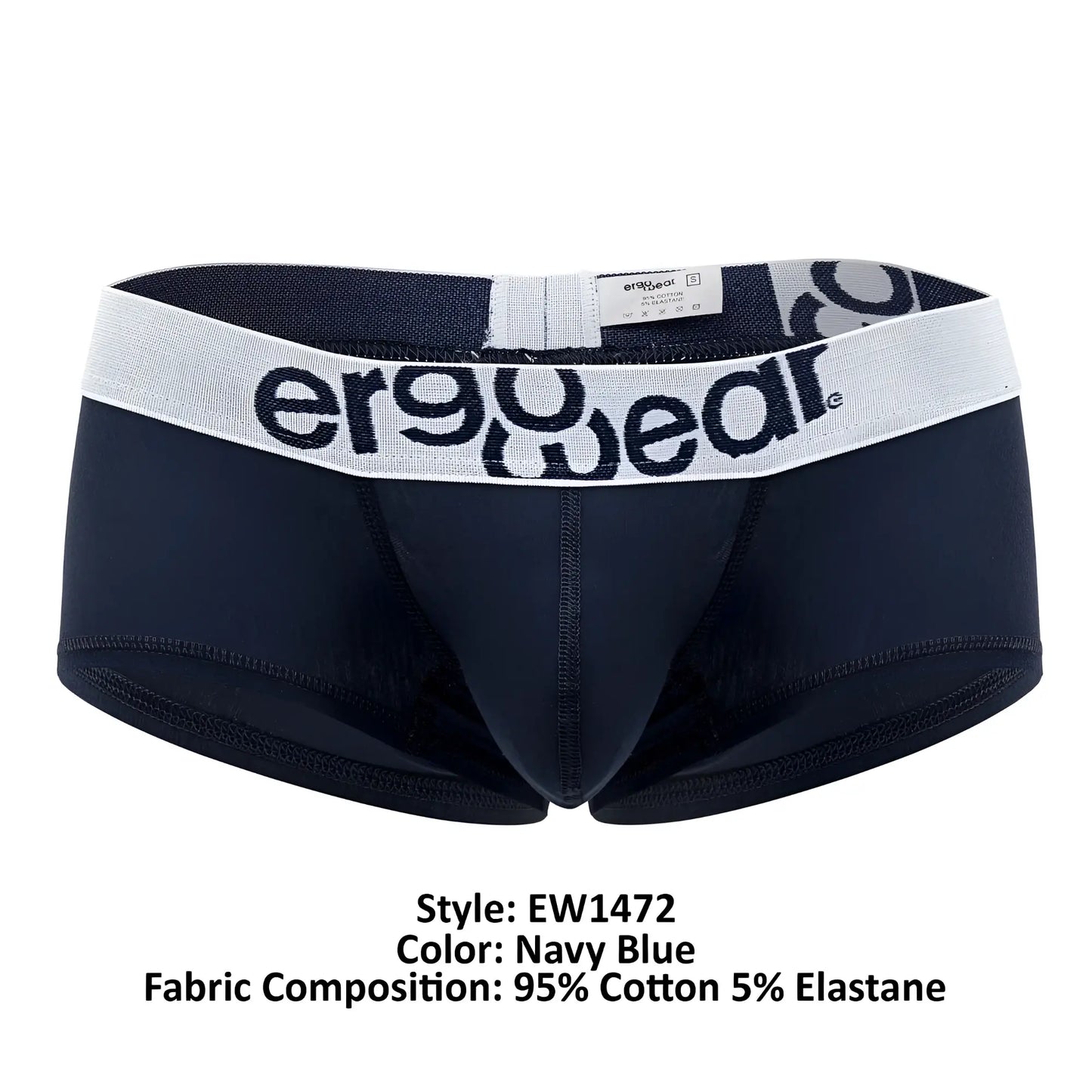 Navy blue men’s ErgoWear EW1472 Max Cotton trunks with white elastic waistband and black ergowear logo