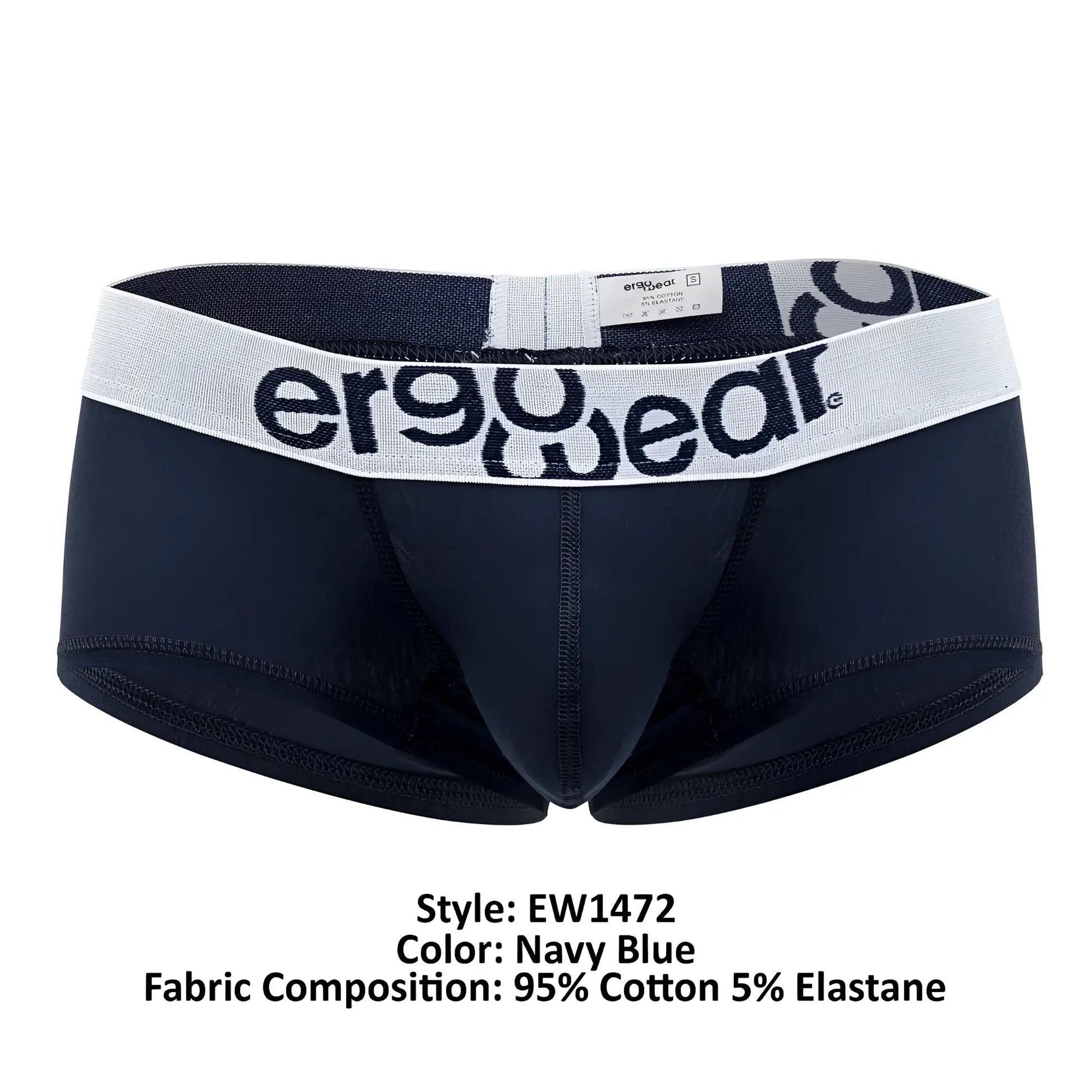 Navy blue men’s ErgoWear EW1472 Max Cotton trunks with white elastic waistband and black ergowear logo