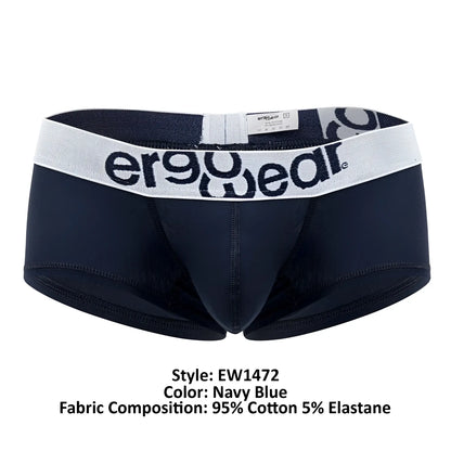 Navy blue men’s ErgoWear EW1472 Max Cotton trunks with white elastic waistband and black ergowear logo