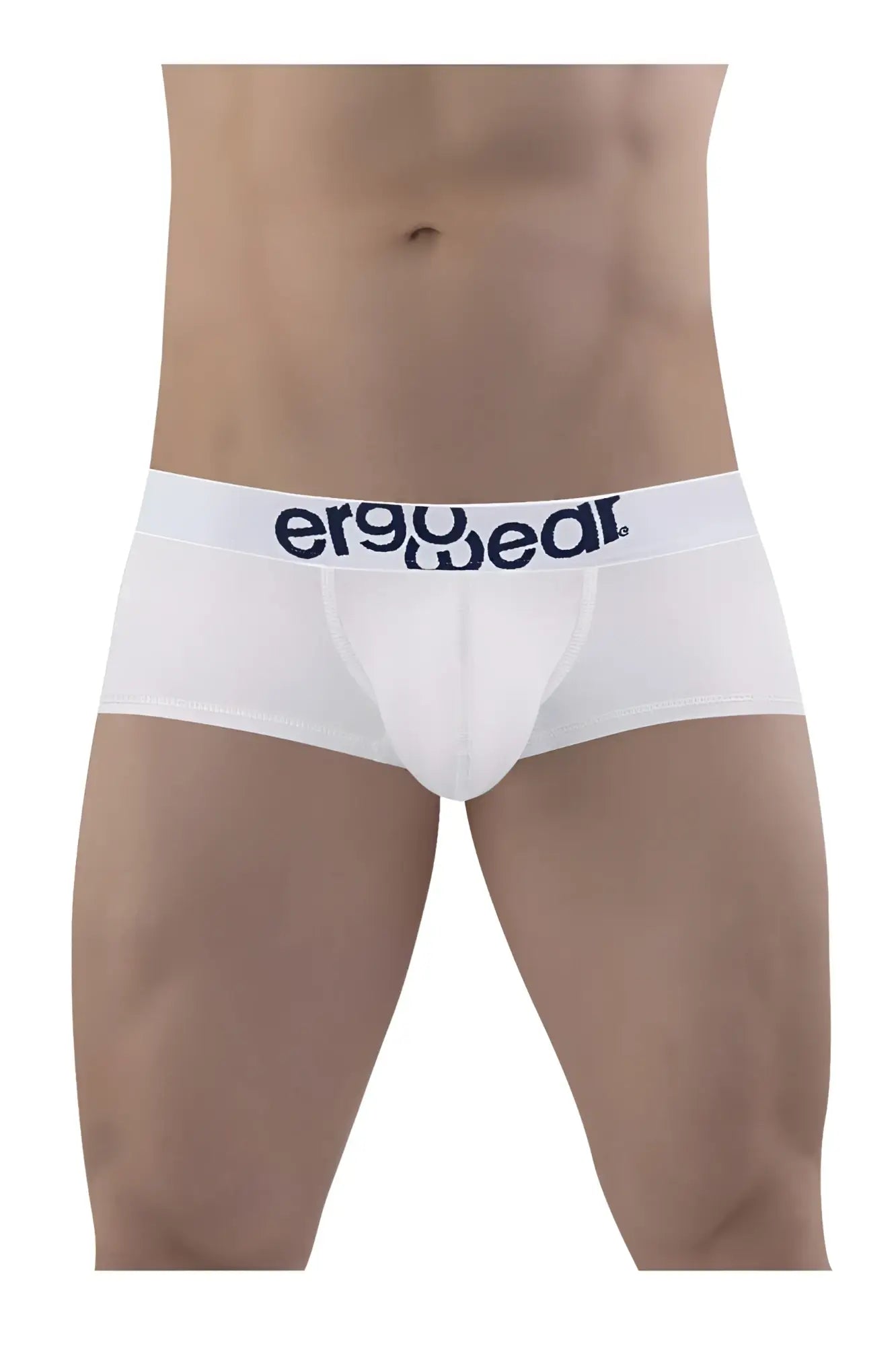 White ergonomic cotton trunks with navy blue ergowear logo on the waistband ergonomic briefs ew1476 max cotton