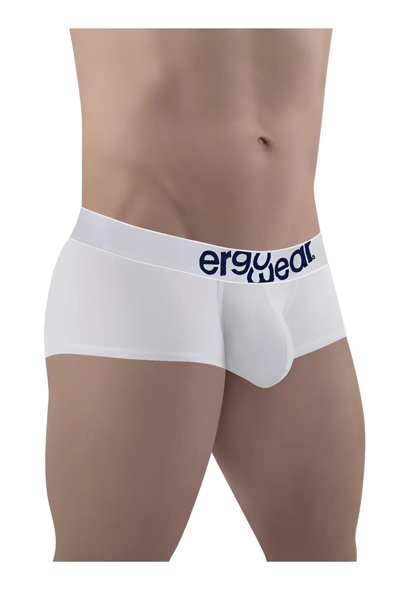 White ergonomic cotton trunks with a navy blue ergo wear logo on the waistband by ergowear ew1476 max cotton