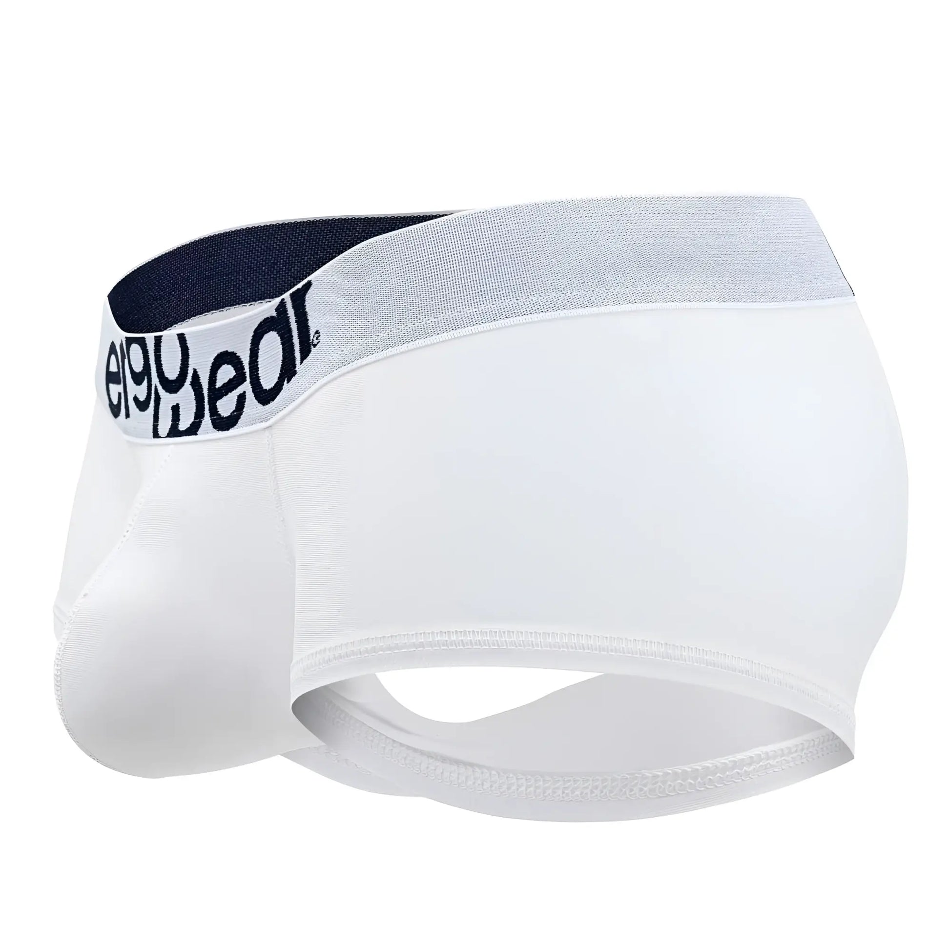 White ergoWear ew1476 max cotton trunks with gray and navy elastic waistband featuring black ego wear logo