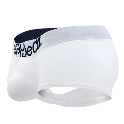 White ergoWear ew1476 max cotton trunks with gray and navy elastic waistband featuring black ego wear logo