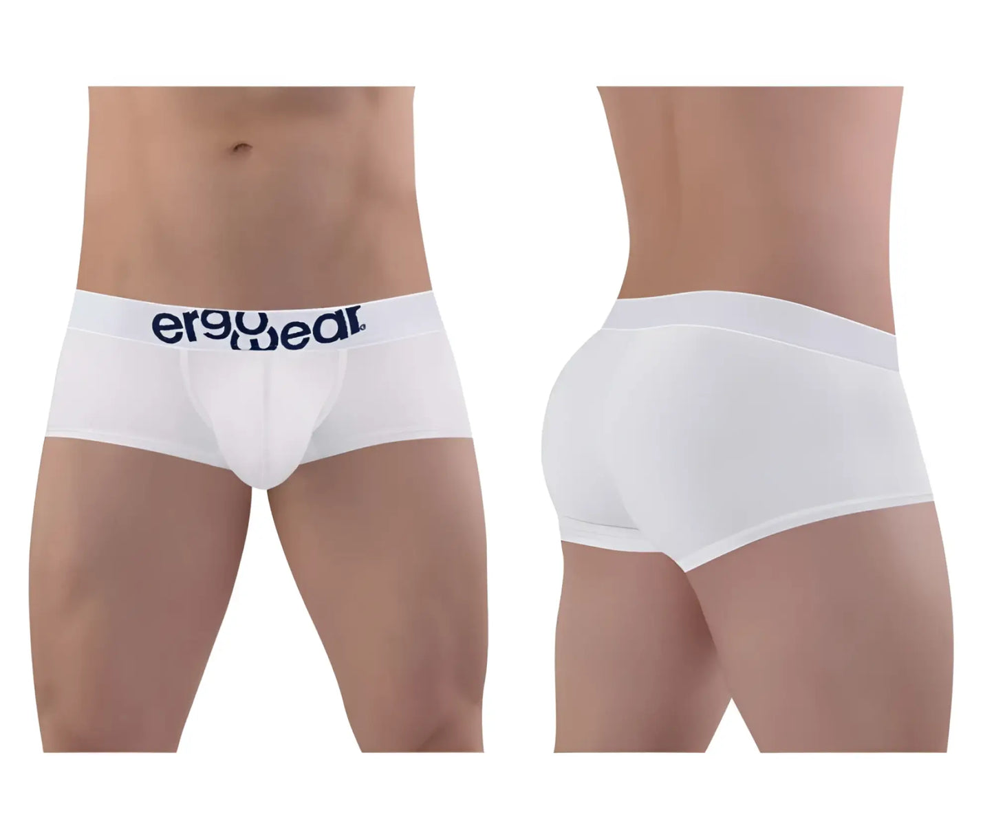 White ergo wear ew1476 max cotton trunks featuring a navy blue logo waistband for comfortable everyday wear