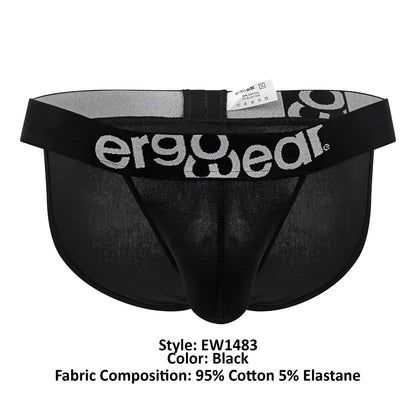Black ergo wear ew1483 max cotton bikini briefs with gray logo made from 95 percent cotton and 5 percent elastane