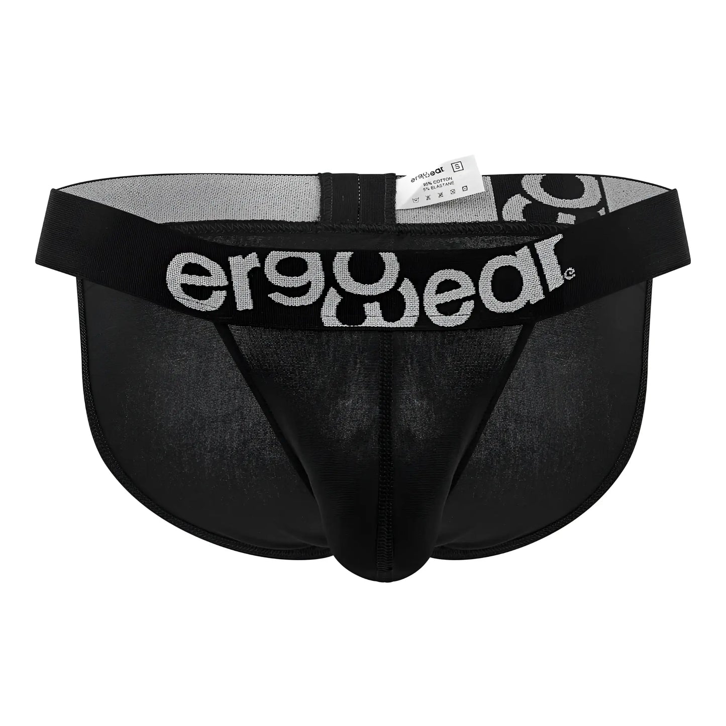 Black ergonomic briefs with gray and white ergo wear logo on waistband made from max cotton for comfortable fit