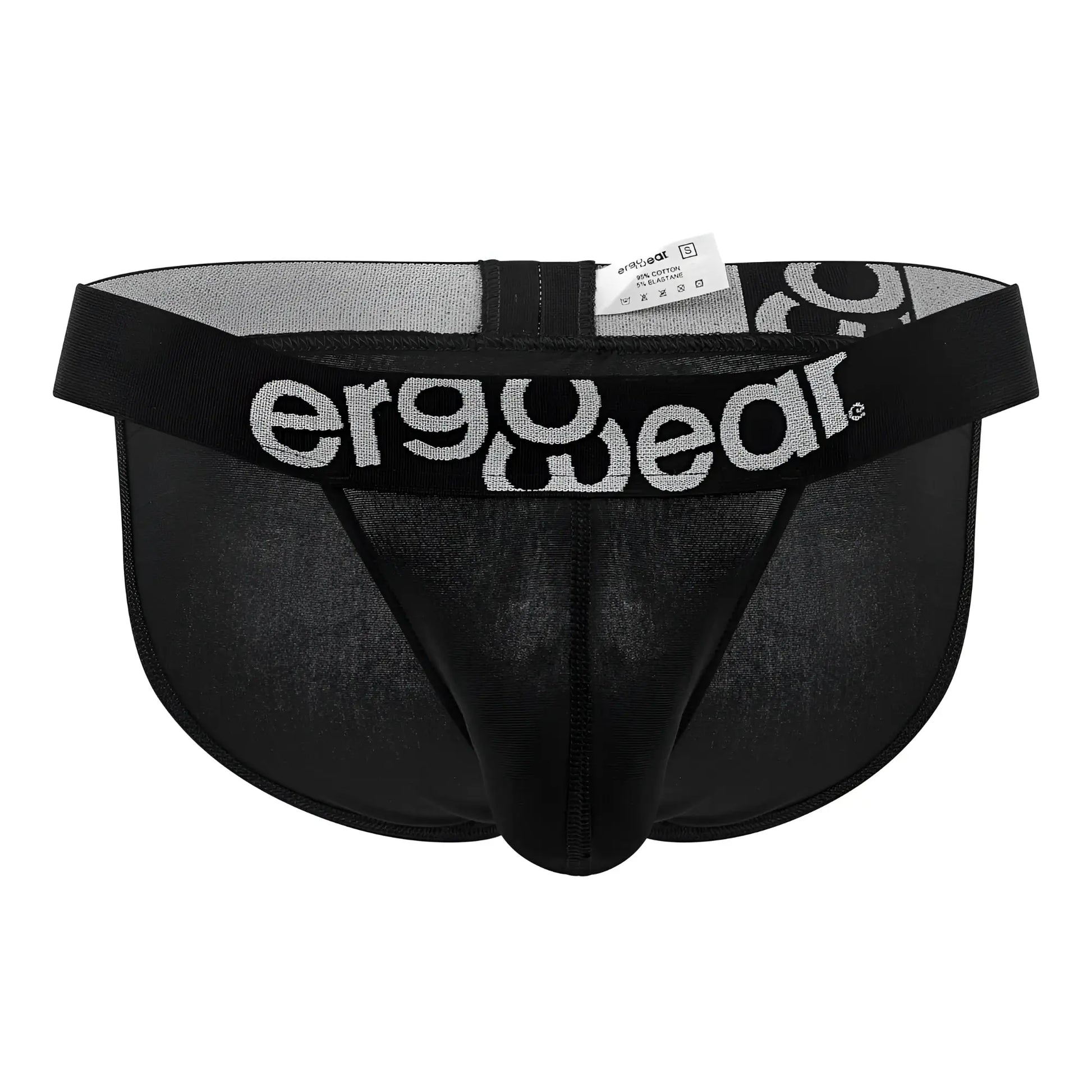 Black ergonomic briefs with gray and white ergo wear logo on waistband made from max cotton for comfortable fit