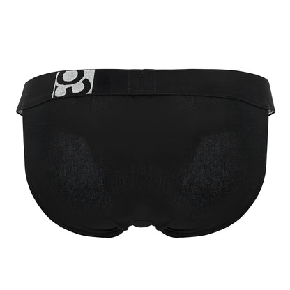 Black men’s briefs ergo wear ew1483 max cotton bikini with silver logo on waistband in black color front view