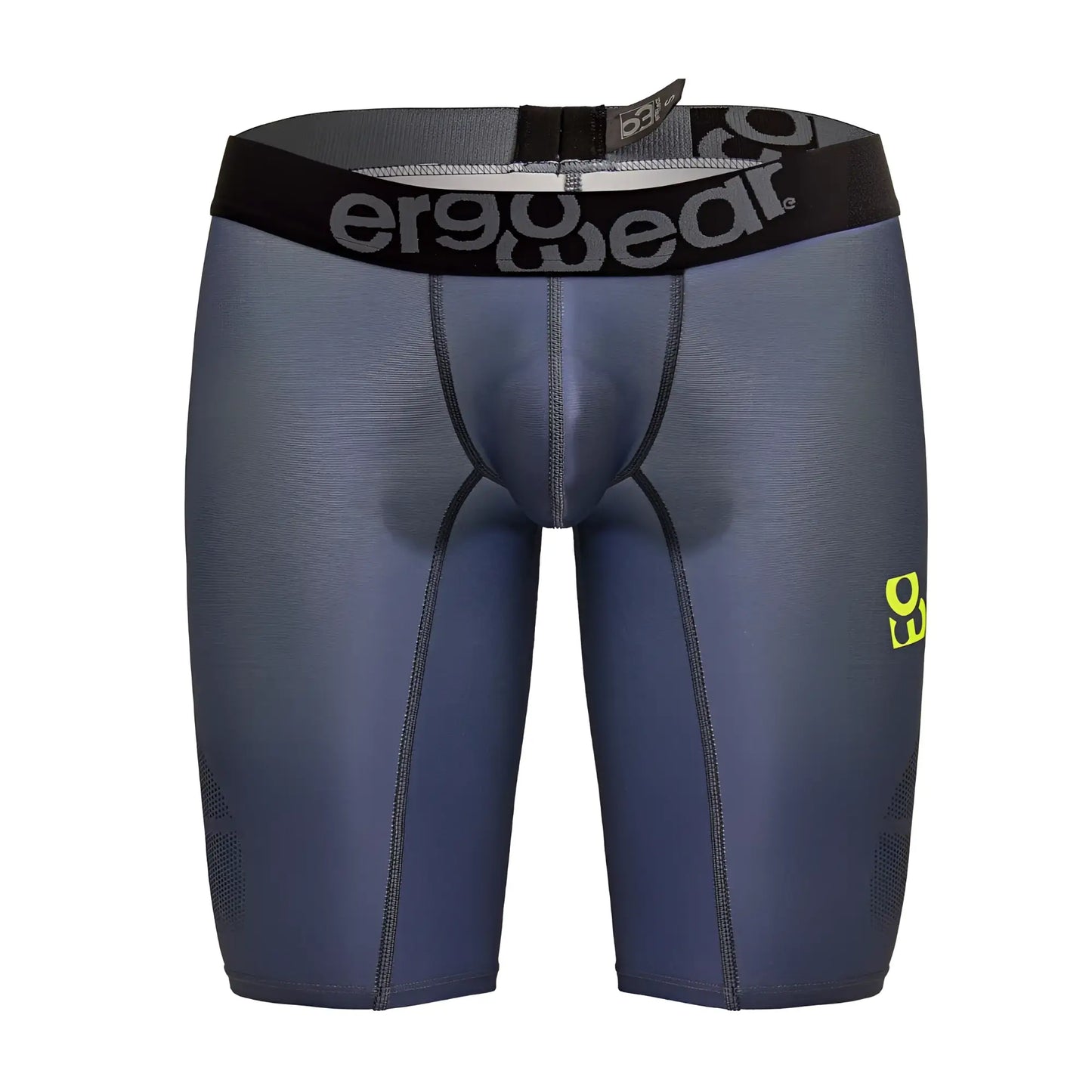 Dark gray ergonomic compression shorts with black ergo wear waistband and neon green branding for athletic use