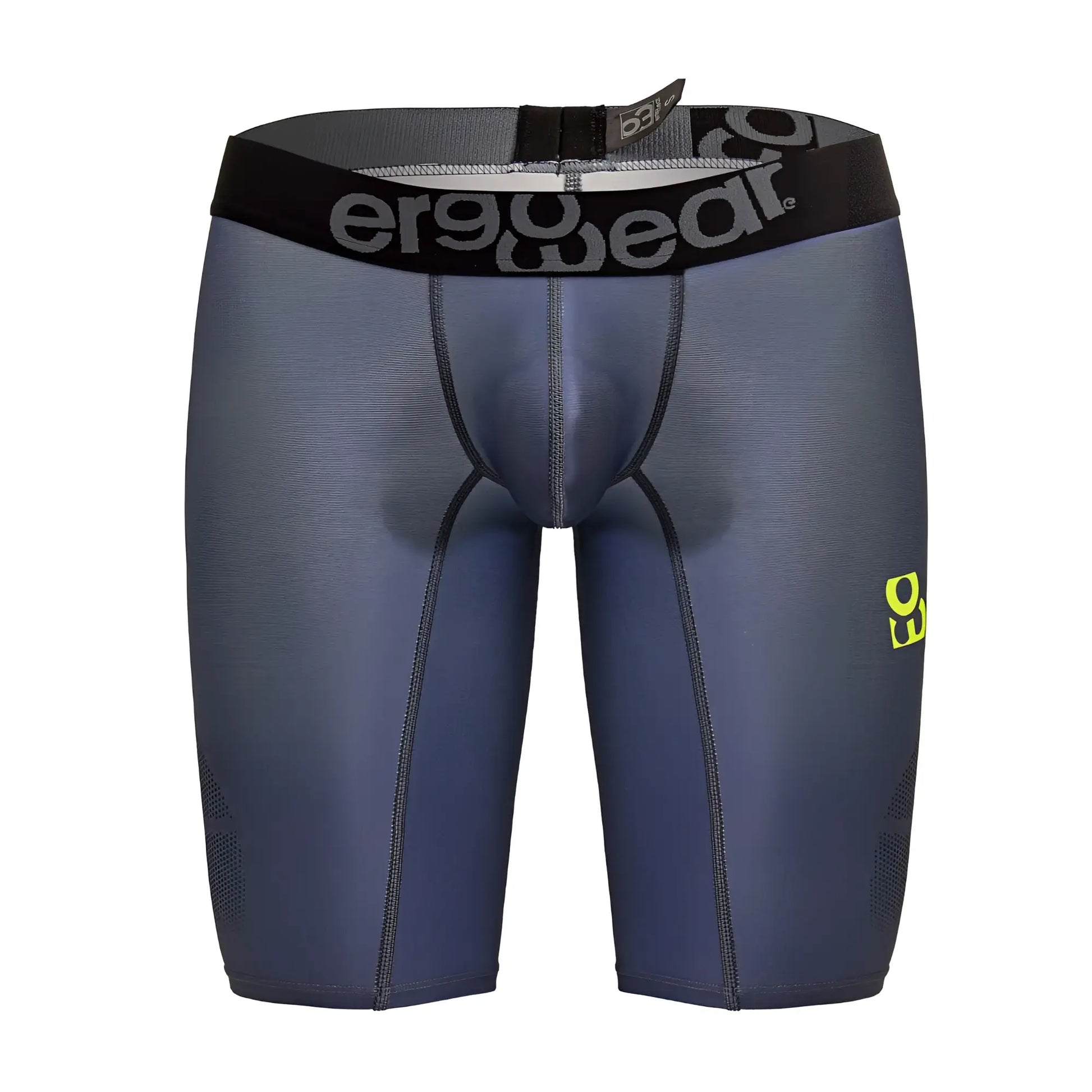 Dark gray ergonomic compression shorts with black ergo wear waistband and neon green branding for athletic use
