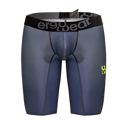 Dark gray ergonomic compression shorts with black ergo wear waistband and neon green branding for athletic use