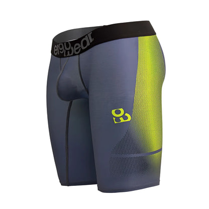 Dark gray and neon yellow gradient ErgoWear EW1603 MAX SE compression shorts with black eigo wear waistband for athletic use