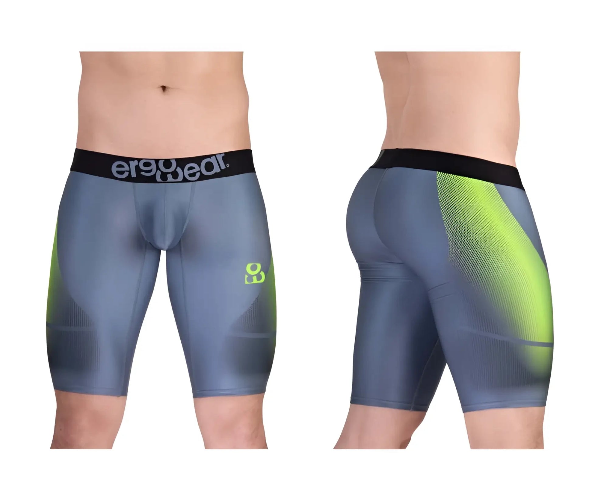 Gray and neon green ergo wear ew1603 max se athletic compression shorts with black waistband for sports use