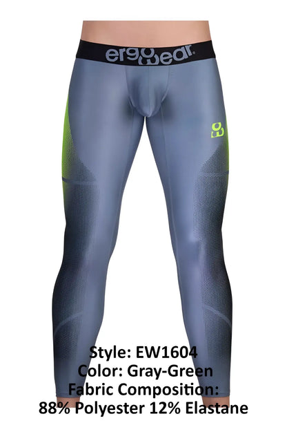 Gray-green ergowear ew1604 max se athletic leggings with black waistband neon green panels made of polyester elastane