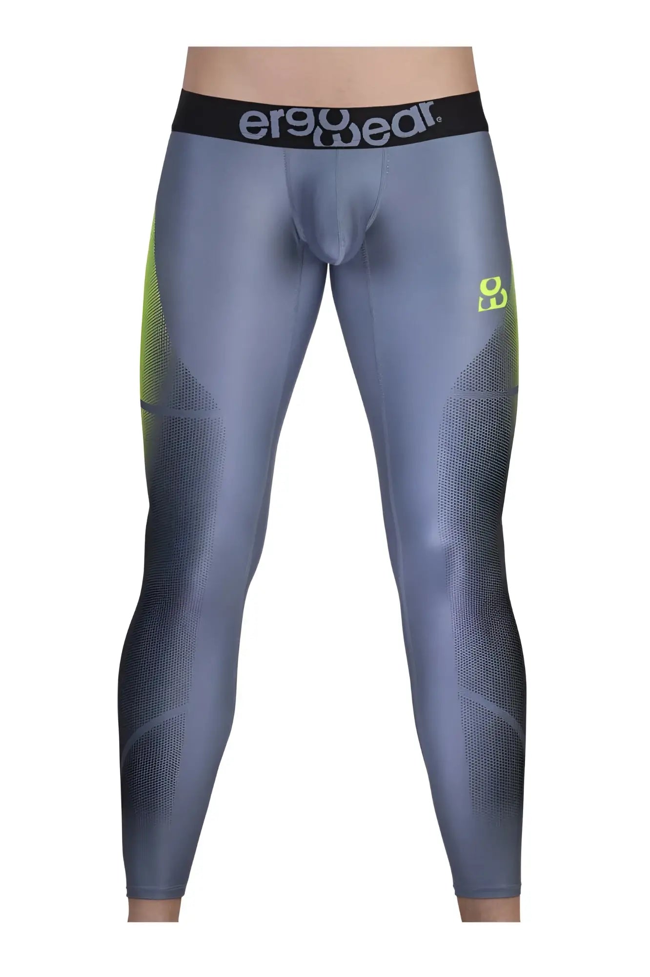Gray and neon green ergonomic compression leggings with a black ergowear waistband for athletic performance