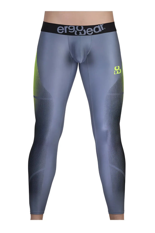 Gray and neon green ergonomic compression leggings with black ergowear waistband for athletic use