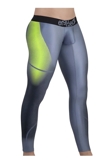 Gray and neon yellow gradient mesh compression leggings with ergo wear logo on waistband in gray-green color