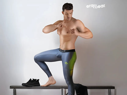 A pair of ergo wear ew1604 max se gray-green ergonomic men’s athletic leggings with gradient blue and green design