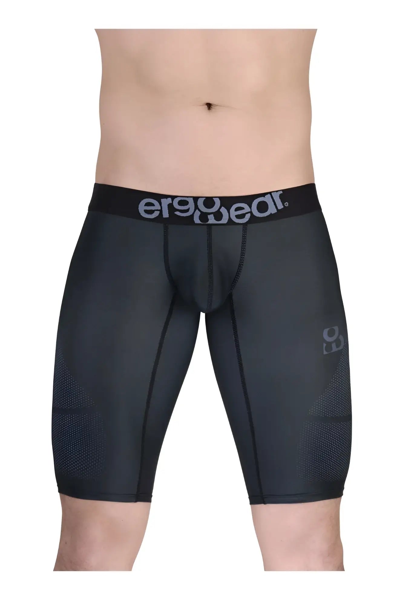 Black ergonomic compression shorts with gray ergo wear waistband and mesh paneling on thighs for athletic use