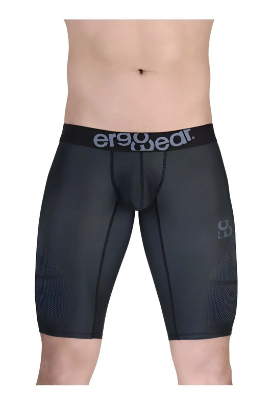 Black ergonomic compression shorts with gray ergo wear waistband and mesh paneling on thighs for athletic use