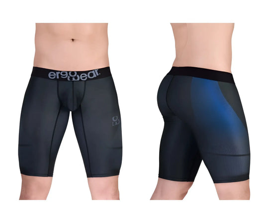 Black ergonomic compression shorts with blue gradient back panel and ergo wear branding on waistband in dark gray