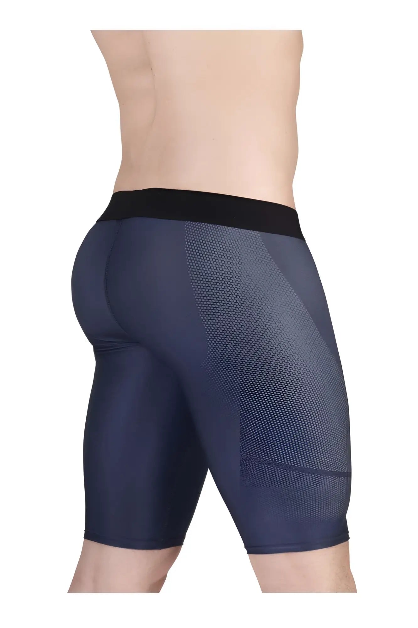 Dark navy blue ergo wear ew1607 max se athletic compression shorts with black waistband and mesh side panels