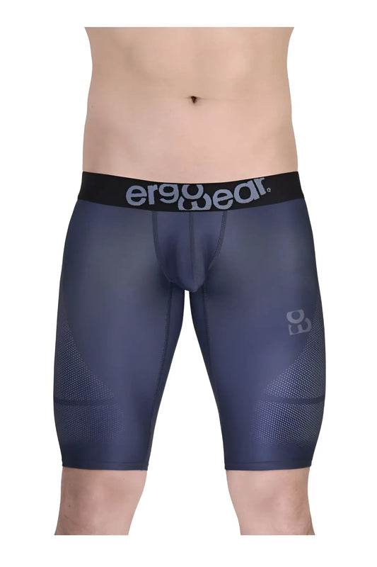 Navy blue ergo wear ew1607 max se athletic shorts with ergonomic compression and black waistband with gray accents