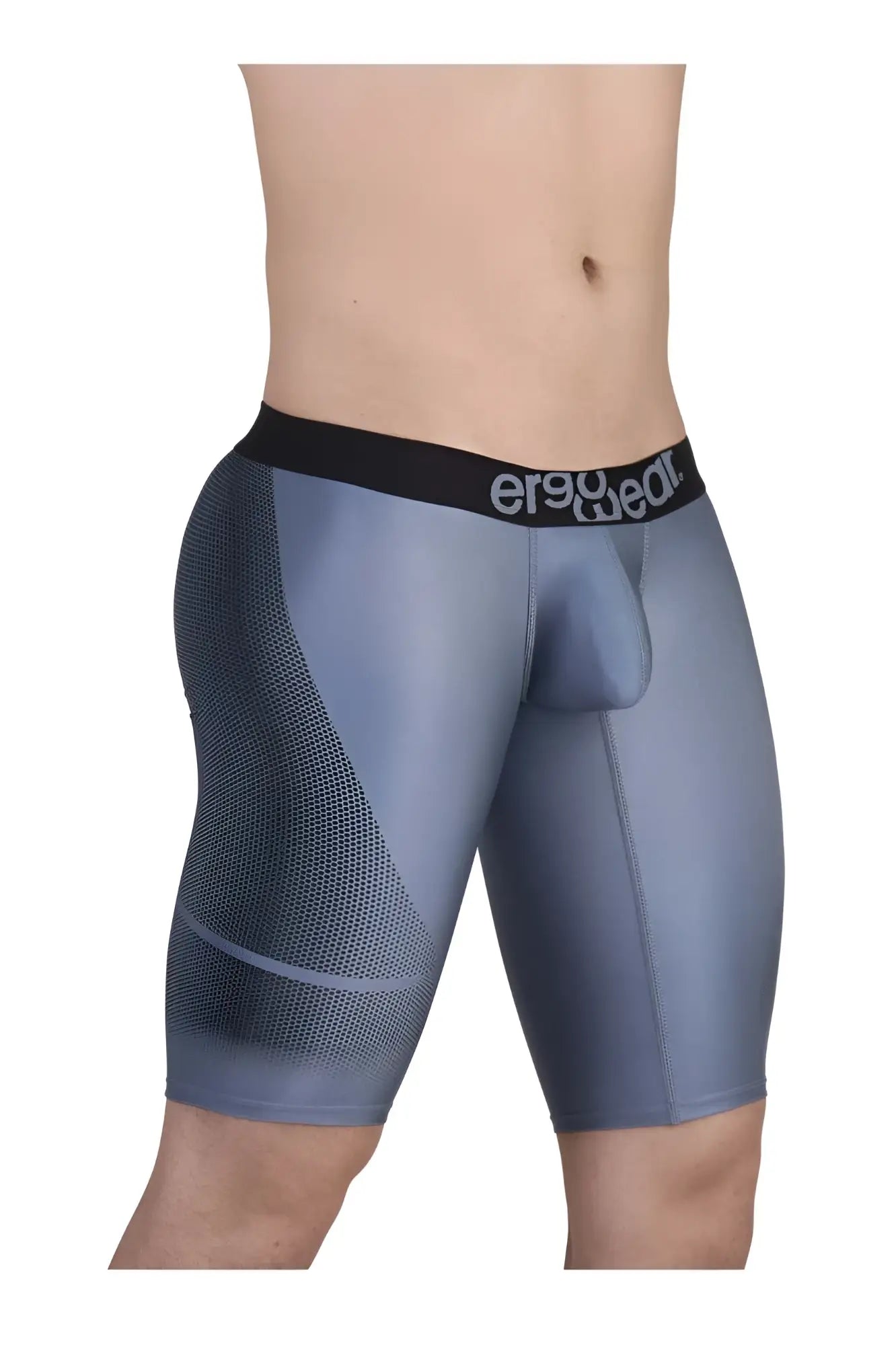 Gray ergo wear ew1609 max se athletic shorts featuring a black waistband with logo made of stretchy mesh and smooth fabric