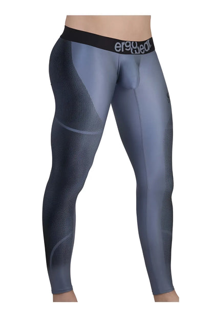 Gray ergonomic compression leggings with black waistband featuring ergo wear logo in gray-black athletic pants