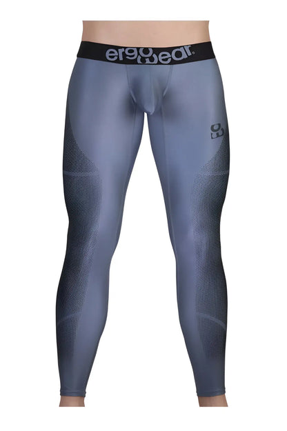 Gray ergonomic compression leggings with black ergo wear waistband and mesh paneling on thighs for athletic use