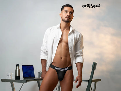 Black ergonomic g-string briefs with ergo wear branding designed for maximum flow comfort and support