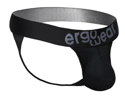Black ergonomic briefs with perforated mesh fabric and gray ergo wear logo on the waistband front view