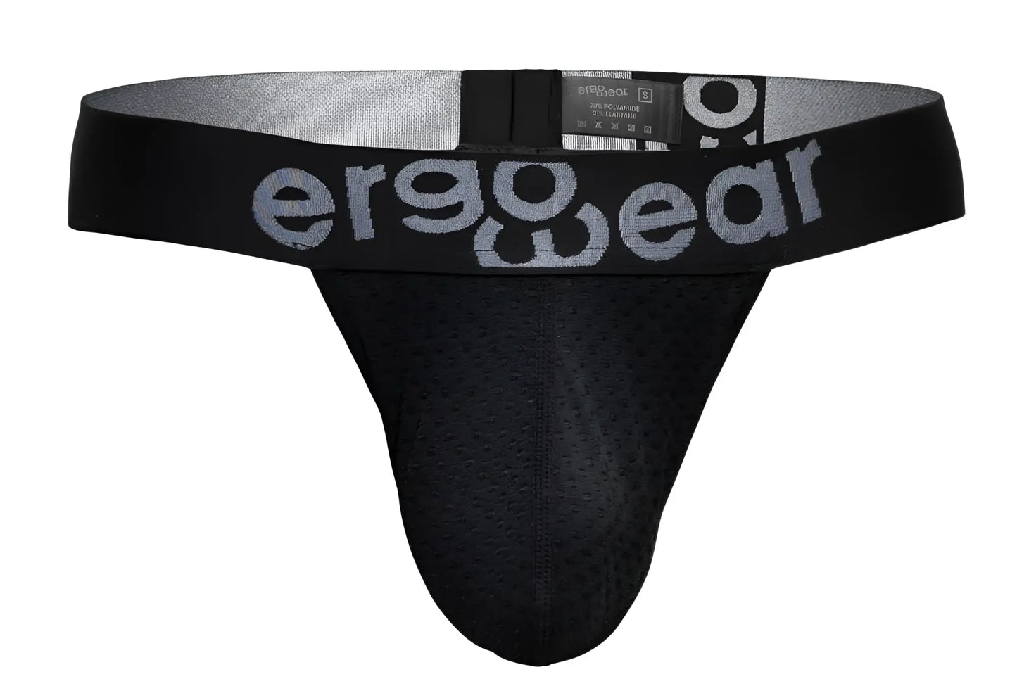 Black ergonomic briefs with gray perforated mesh front and silver ergowear logo on waistband ew1687 max flow g-string