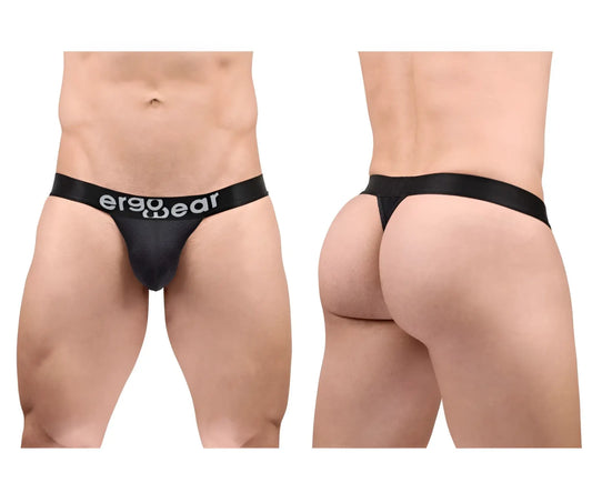 Black ergonomic thong g-string with ergo wear branded waistband designed for maximum flow comfort