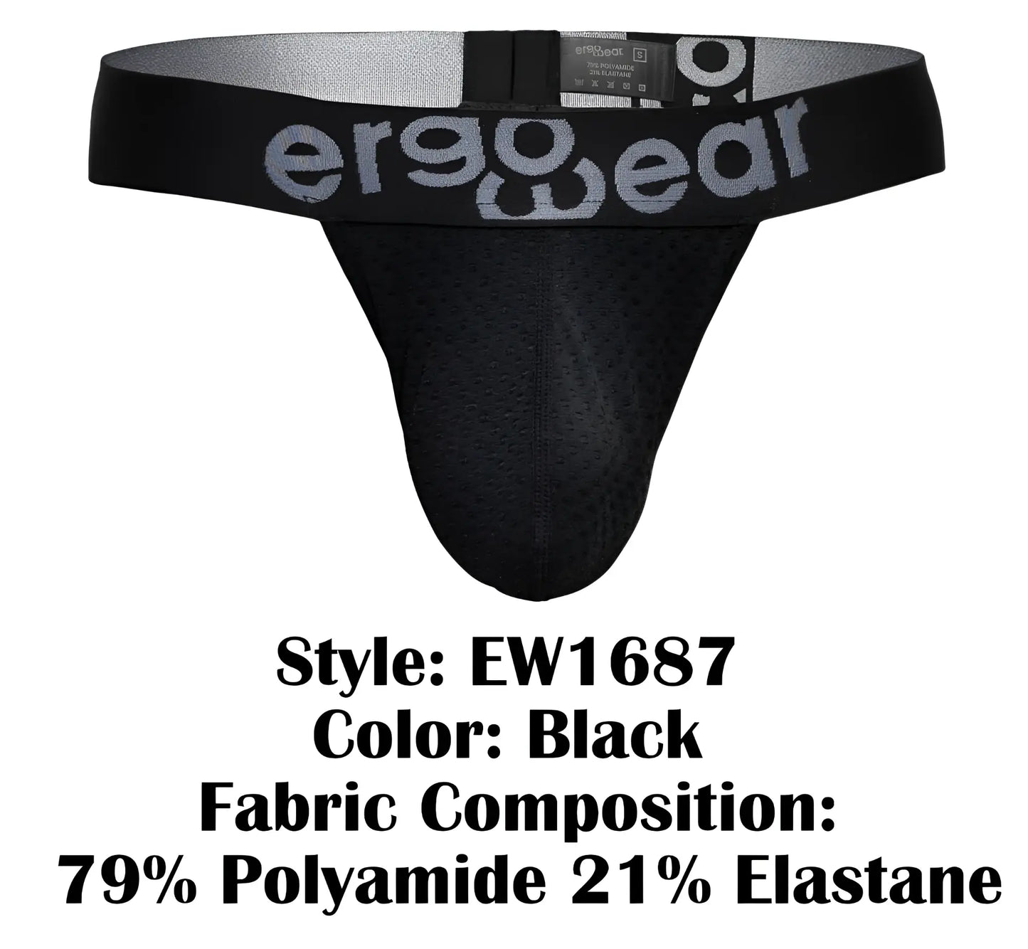 Black ergo wear ew1687 max flow g-string with gray logo waistband made of 79 polyamide 21 elastane ergonomic thong