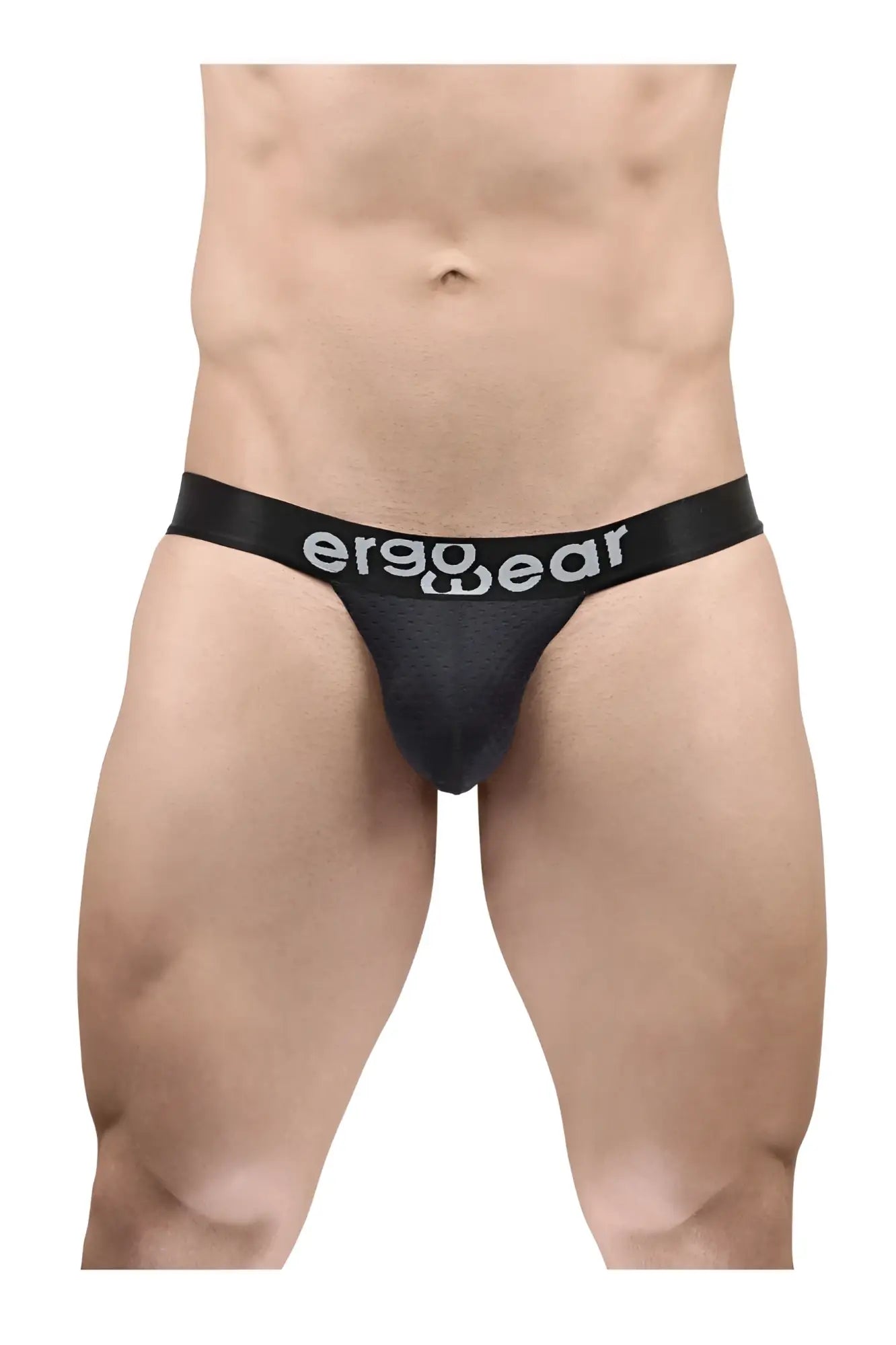 Black ergo wear ew1687 max flow g-string featuring ergonomic design and white logo on the waistband