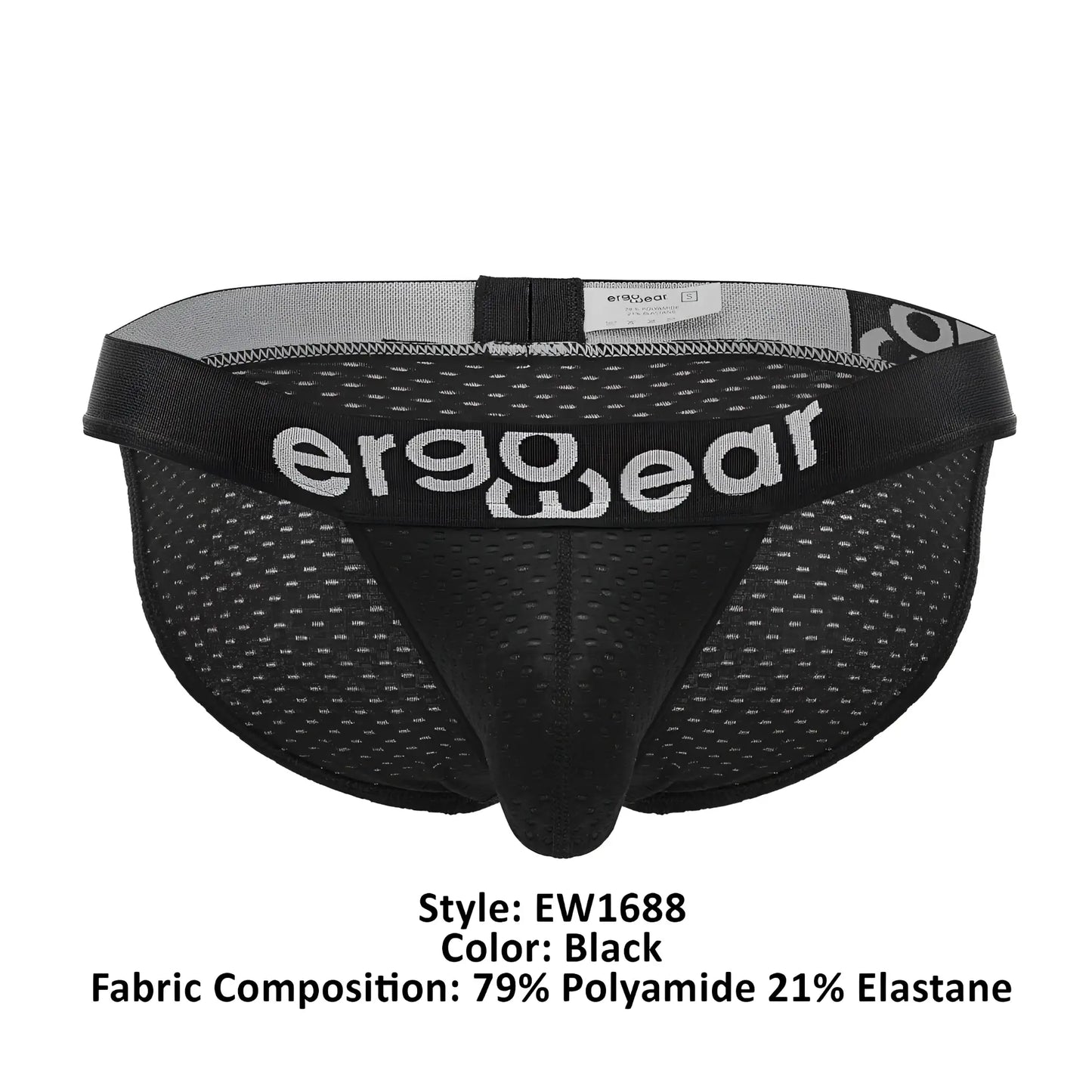 Black ergowear ew1688 max flow bikini briefs with mesh fabric and ergowear branding on the waistband
