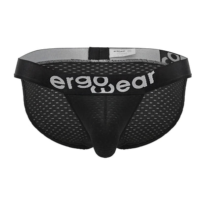 Black ergowear ew1688 max flow bikini briefs in mesh with a gray waistband and white logo lettering