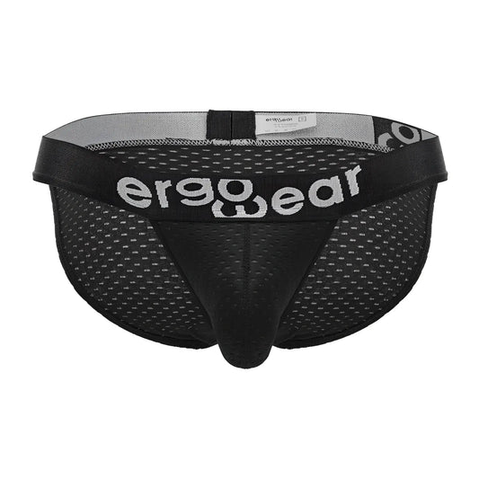 Black ergowear ew1688 max flow bikini briefs in mesh with a gray waistband and white logo lettering