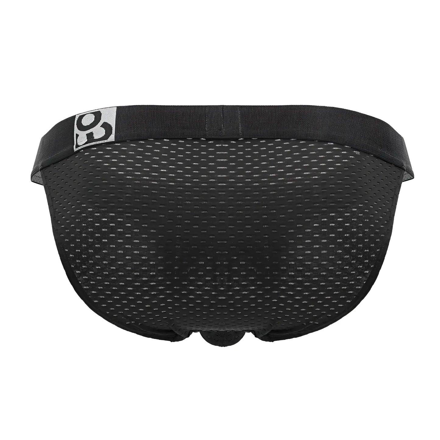 Black mesh briefs with a solid elastic waistband and white logo patch from ergowear ew1688 max flow bikini in black
