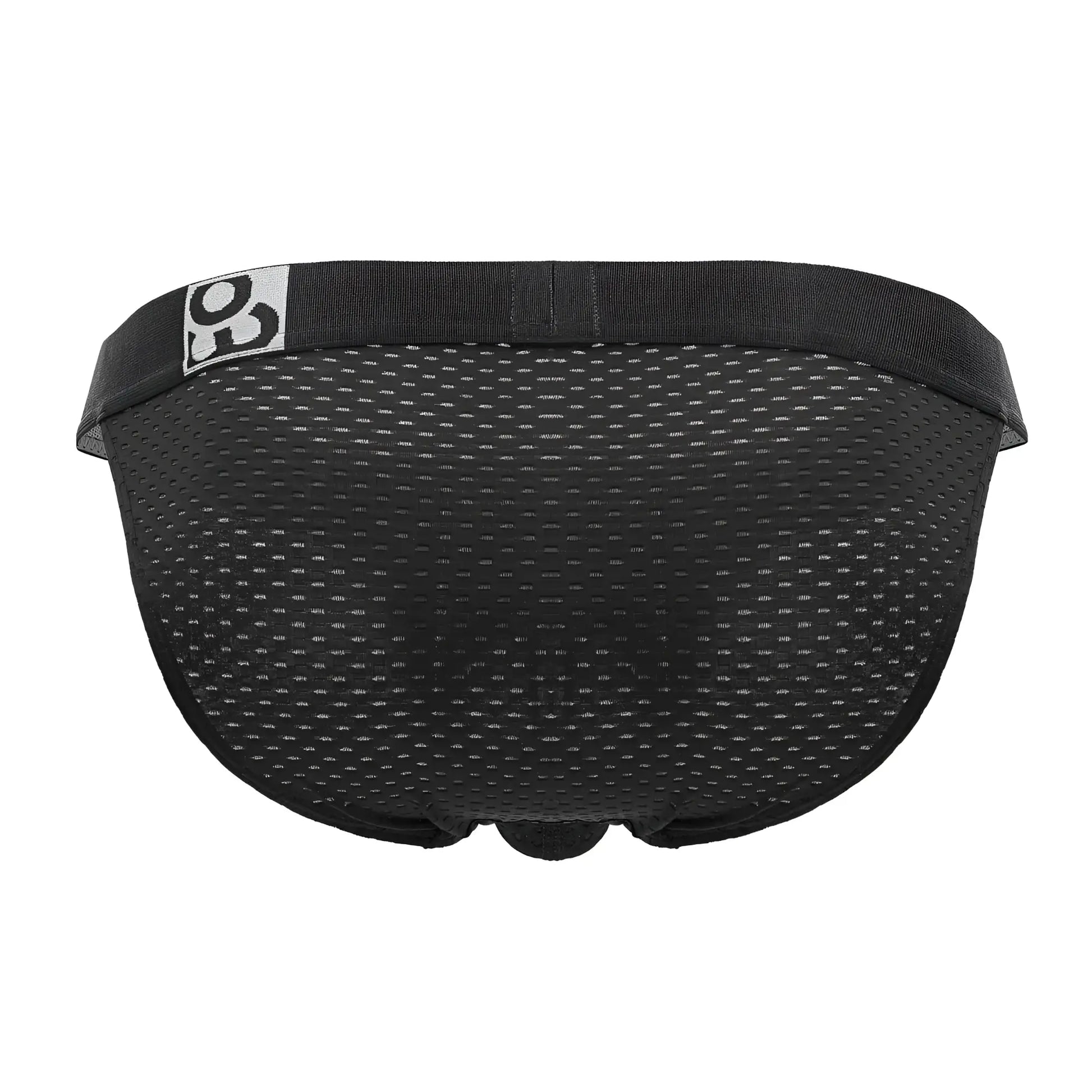 Black mesh briefs with a solid elastic waistband and white logo patch from ergowear ew1688 max flow bikini in black
