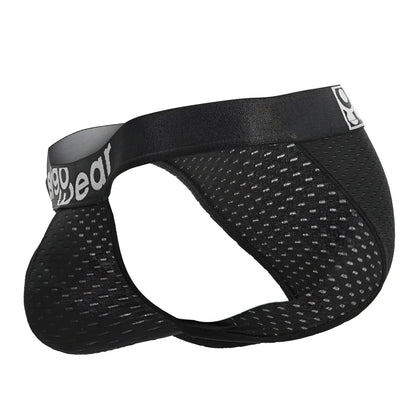 Black mesh briefs with supportive elastic waistband featuring cage gear logo in white from ergowear ew1688 max flow bikini