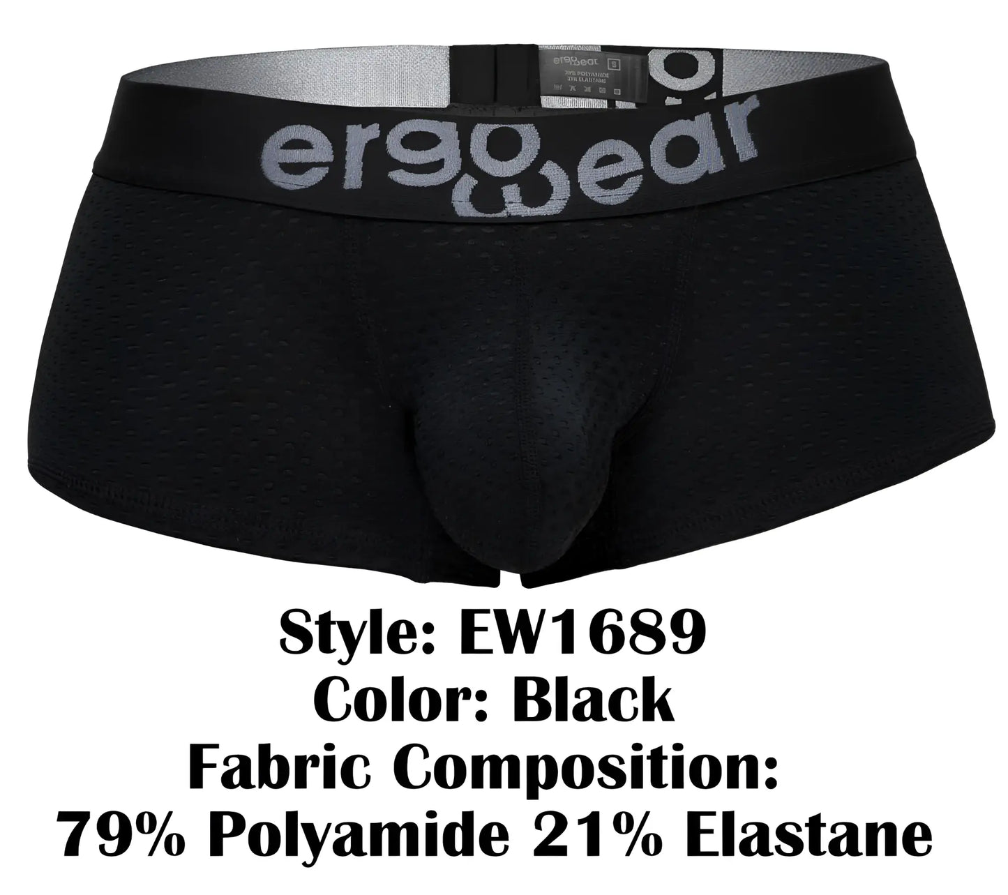 Black ergonomic briefs ergo wear ew1689 max flow trunks with perforated mesh texture and gray logo on waistband