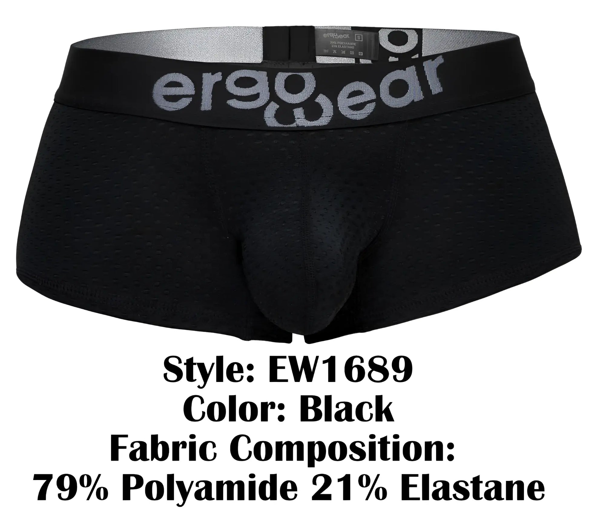 Black ergonomic briefs ergo wear ew1689 max flow trunks with perforated mesh texture and gray logo on waistband